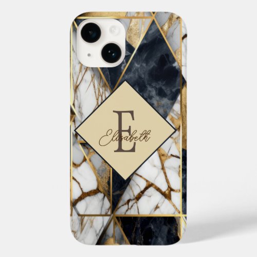 Trendy Black Gold Geometric Marble Monogram  Case_Mate iPhone 14 Case