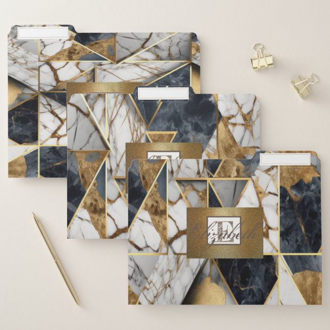 Trendy Black Gold Geometric Marble Stone File Folder (Set)