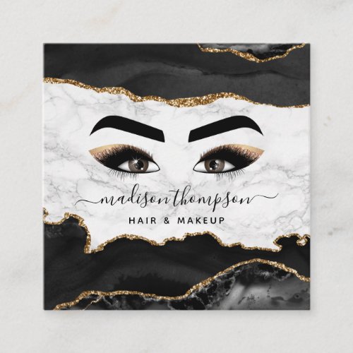 Trendy Black & Gold Girly Makeup Artist Square Business Card - Elegant makeup artist business cards featuring a trendy marble background, black agate & gold glitter, glamorous feminine eyelashes, a girly signature script, and a professional text template that is easy to personalize.