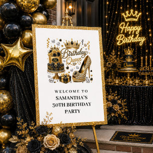 Trendy Black Gold Glitter Birthday Queen Welcome P Poster