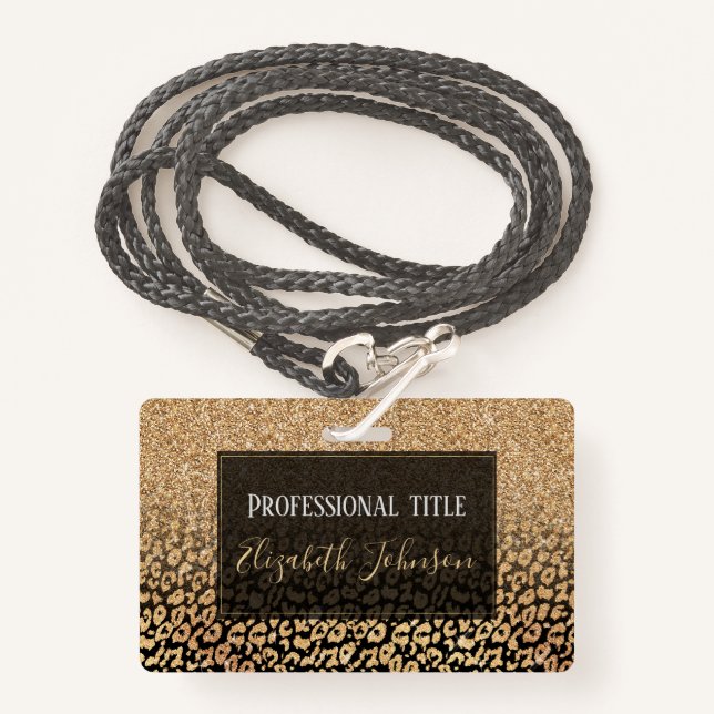 Trendy Black Gold Glitter Leopard Ombre Badge (Front with Lanyard)