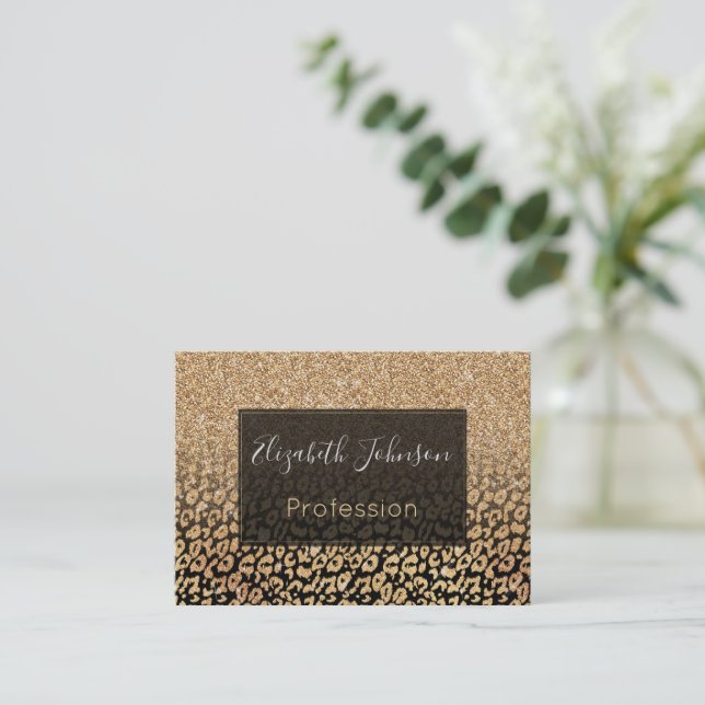 Trendy Black Gold Glitter Leopard Ombre Business Card (Standing Front)