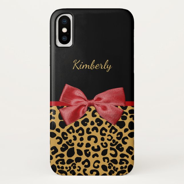Trendy Black Gold Leopard Print Red Bow and Name Case-Mate iPhone Case (Back)