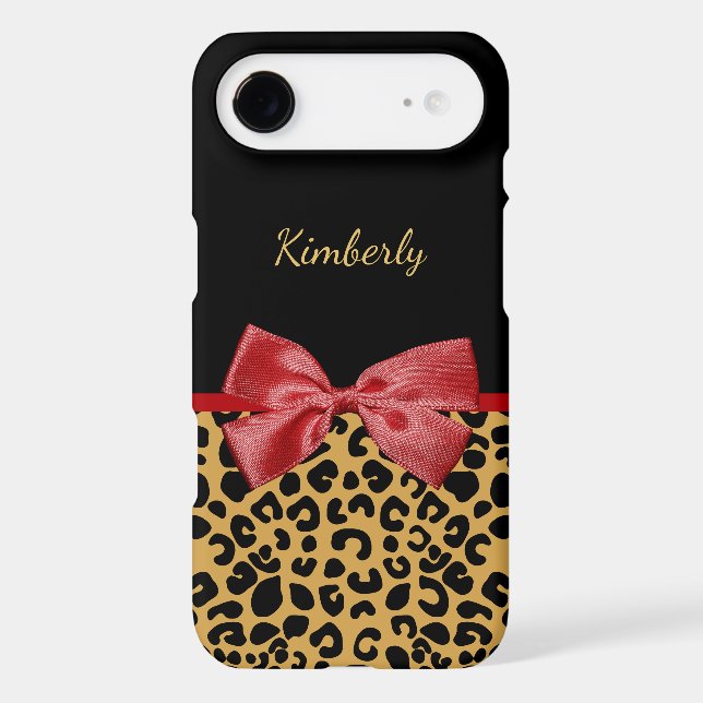 Trendy Black Gold Leopard Print Red Bow and Name Case-Mate iPhone Case (Back)