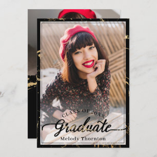 Trendy Black Gold Marble 2 Photo Graduation Party Invitation