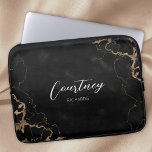 Trendy Black & Gold Marble Script Monogram Name  Laptop Sleeve<br><div class="desc">Trendy laptop case with black and gold marble background and chic calligraphy font for your name or initials. The script monogram electronics case includes space to add your name or initials, you can even add your business logo to make it more corporate. This stylish and elegant black marble laptop bag...</div>