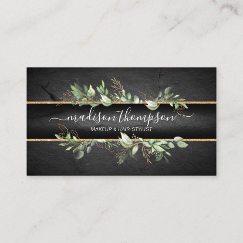 Trendy Black & Gold - Modern Foliage Business Card - Elegant fancy business cards featuring a rustic black background, a stylish gold glitter border, gold & watercolor greenery, signature script, and a professional text template that is easy to personalize. These can be used for a variety of professions including a hair stylist, makeup artist, florist and much more.