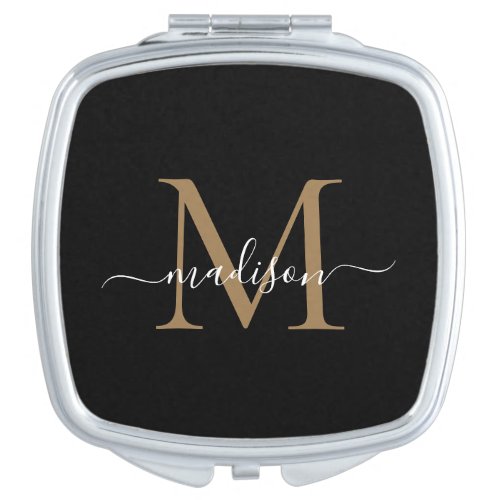 Trendy Black Gold Monogram Bridal Party Bridesmaid Compact Mirror