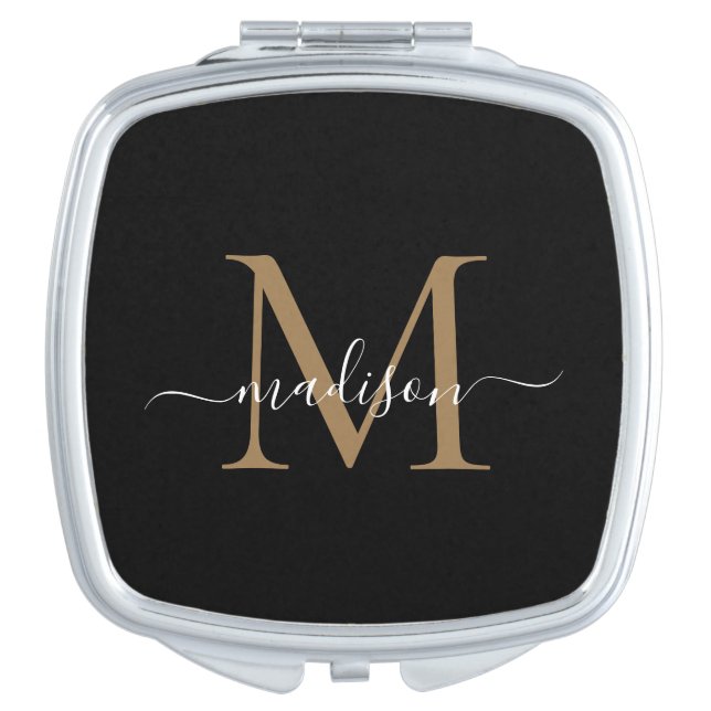 Trendy Black Gold Monogram Bridal Party Bridesmaid Compact Mirror (Front)