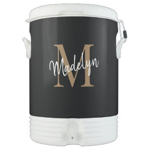 Trendy Black Gold Monogram Girly Feminine Script Beverage Cooler