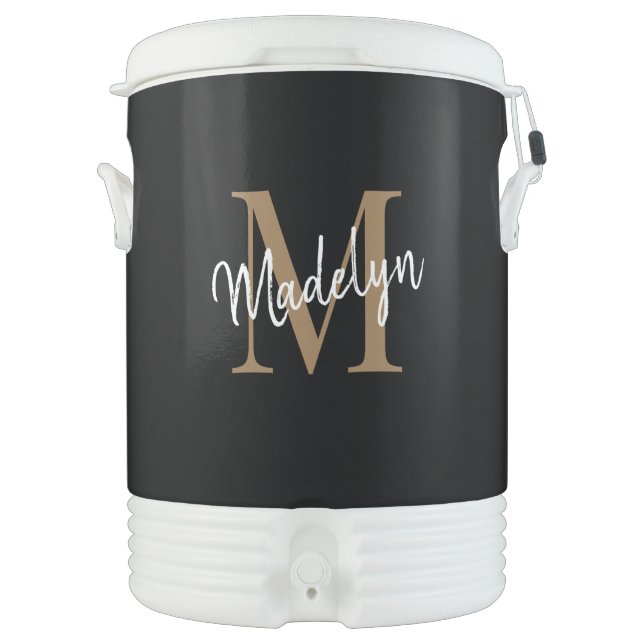 Trendy Black Gold Monogram Girly Feminine Script Beverage Cooler (Front)