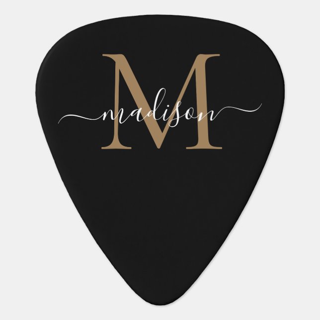 Trendy Black Gold Monogram Girly Feminine Script Guitar Pick (Front)