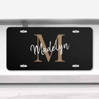 Trendy Black Gold Monogram Girly Feminine Script License Plate