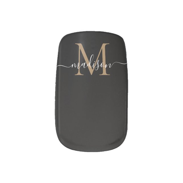 Trendy Black Gold Monogram Girly Feminine Script Minx Nail Art (Left Thumb)