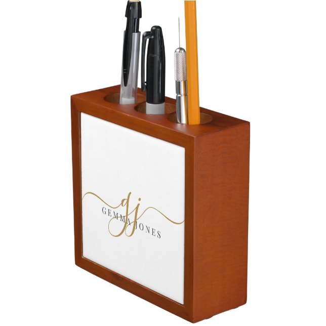 Trendy Black Gold Monogram Initial Script Name Desk Organizer (In Situ)