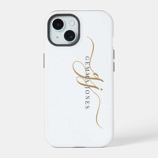 Trendy Black Gold Monogram Initial Script Name Iphone Case (Back)