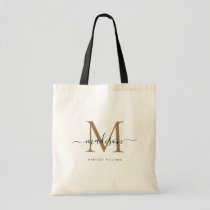 Trendy Black Gold Monogram Initial Script Name Tote Bag