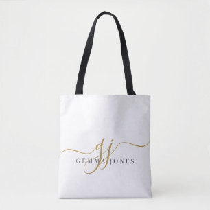 Trendy Black Gold Monogram Initial Script Name Tote Bag