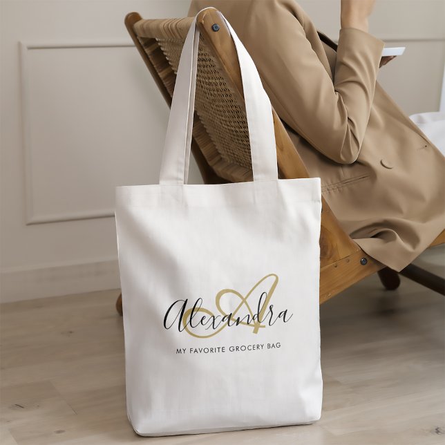 Trendy Black Gold Monogram Initial Script Name Tote Bag (Trendy Black Gold Monogram Initial Script Name Tote Bag)