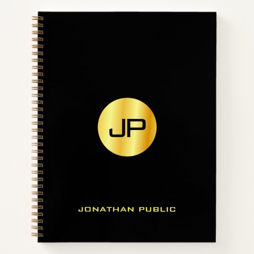Trendy Black Gold Monogram Name Elegant Modern Notebook