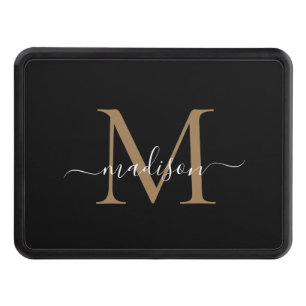 Trendy Black Gold Monogram Script Name Initial Hitch Cover