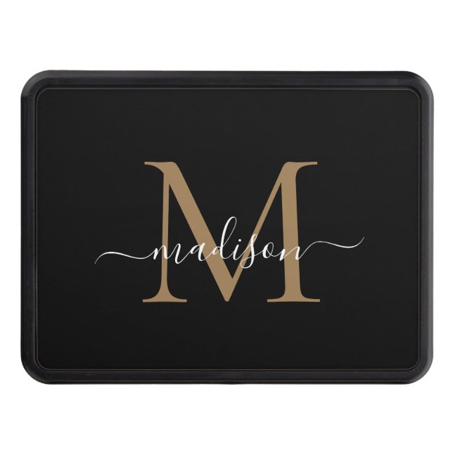 Trendy Black Gold Monogram Script Name Initial Hitch Cover (Front)