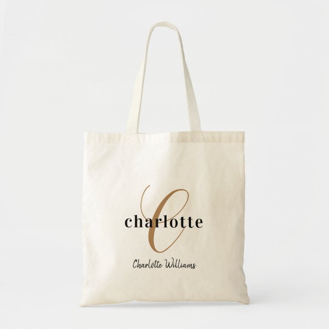 Trendy Black Gold Monogram Script Name Initial Tote Bag (Front)
