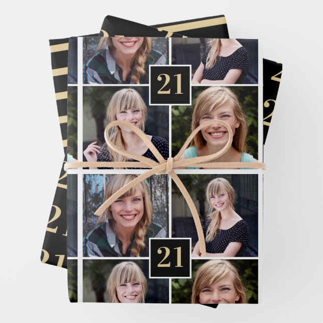 Trendy Black Gold Photo Collage 21st Birthday  Wrapping Paper Sheets (In situ)