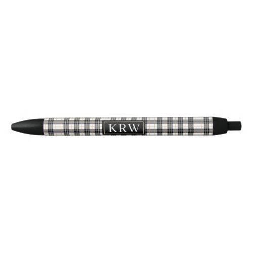 Trendy Black Gold Plaid Print With Chic Monogram  Black Ink Pen