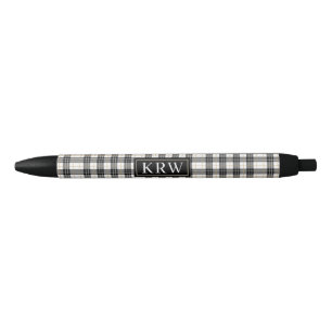 Trendy Black Gold Plaid Print With Chic Monogram Pen