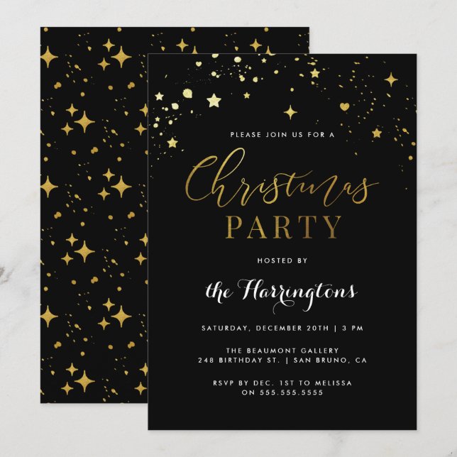 Trendy Black & Gold Star Confetti Christmas Party Invitation (Front/Back)
