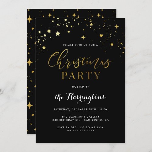 Trendy Black  Gold Star Confetti Christmas Party Invitation