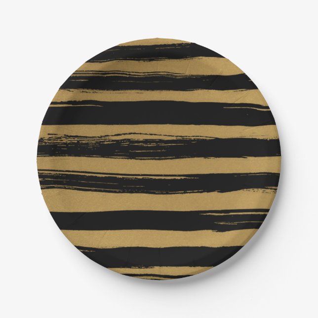 Trendy Black & Gold Striped Paper Plates (Front)