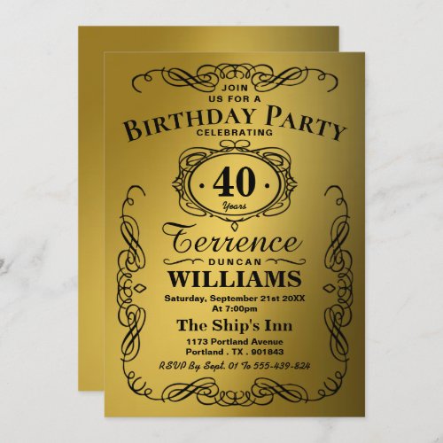 Trendy Black  Gold Typography Birthday Party Invitation