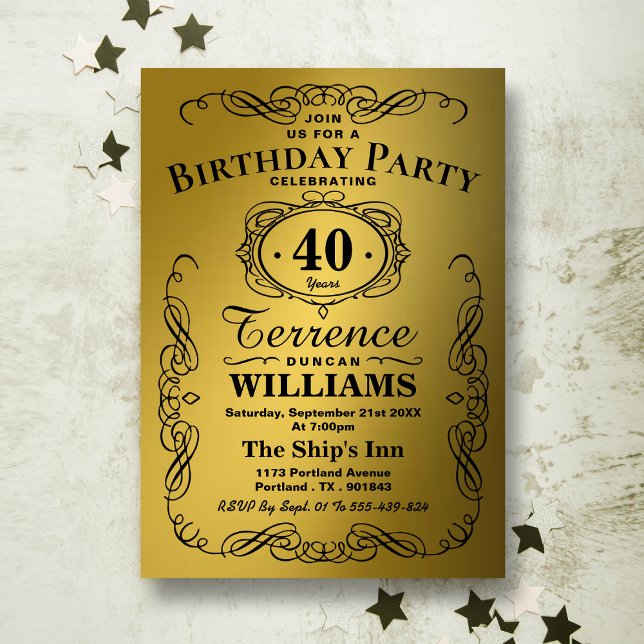 Trendy Black & Gold Typography Birthday Party Invitation (Creator Uploaded)