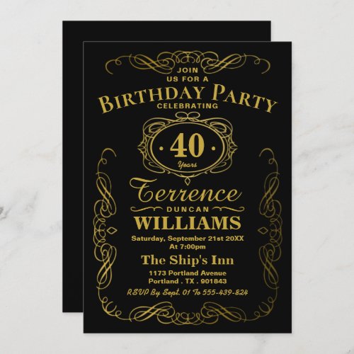 Trendy Black  Gold Typography Birthday Party Invitation