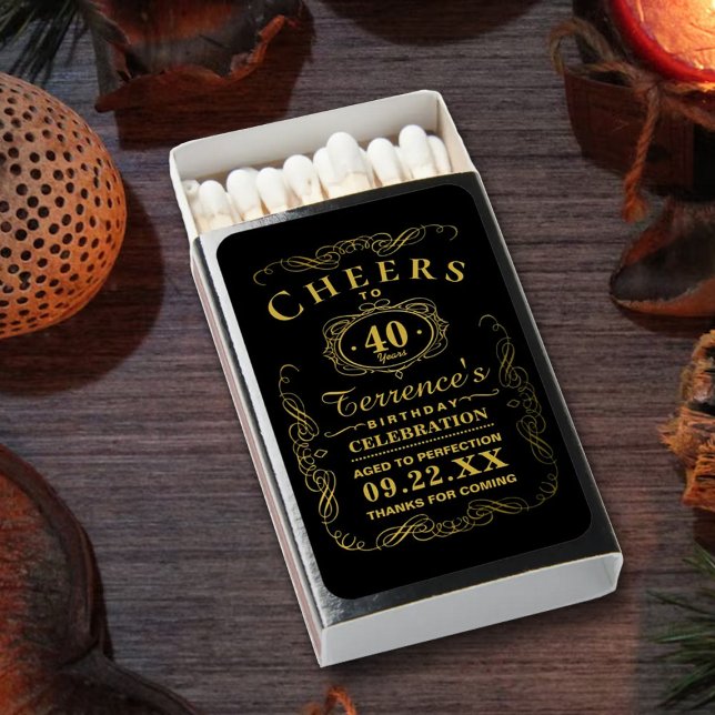 Trendy Black & Gold Typography Birthday Party Matchboxes (Creator Uploaded)