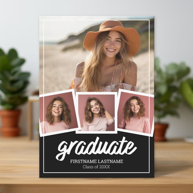 Trendy Black Graduation Party 4 Photos Invitation (Custom Graduation Announcement and Invitation)