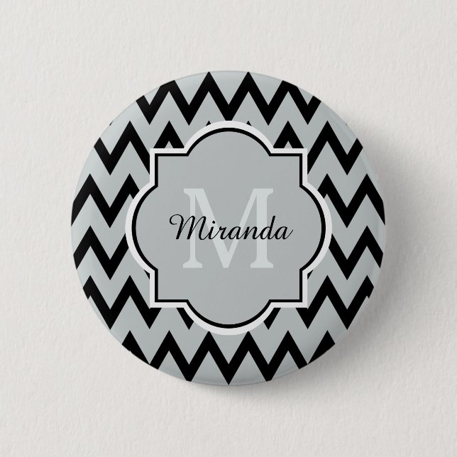 Trendy Black Gray Chevron Zigzag Name and Monogram Button (Front)
