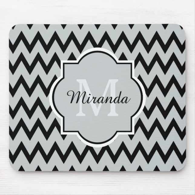Trendy Black Gray Chevron Zigzag Name and Monogram Mouse Pad (Front)