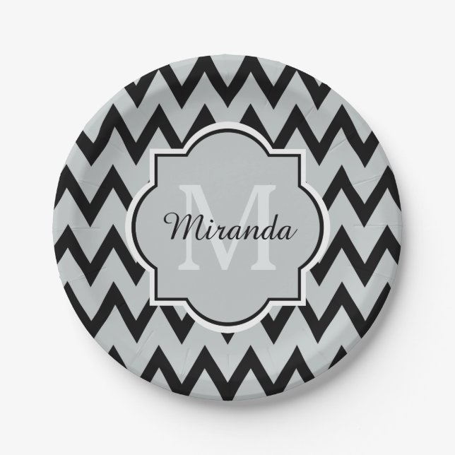 Trendy Black Gray Chevron Zigzag Name and Monogram Paper Plates (Front)