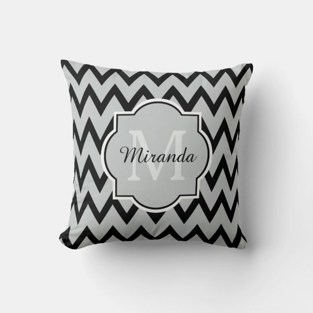Trendy Black Gray Chevron Zigzag Name and Monogram Throw Pillow (Front)