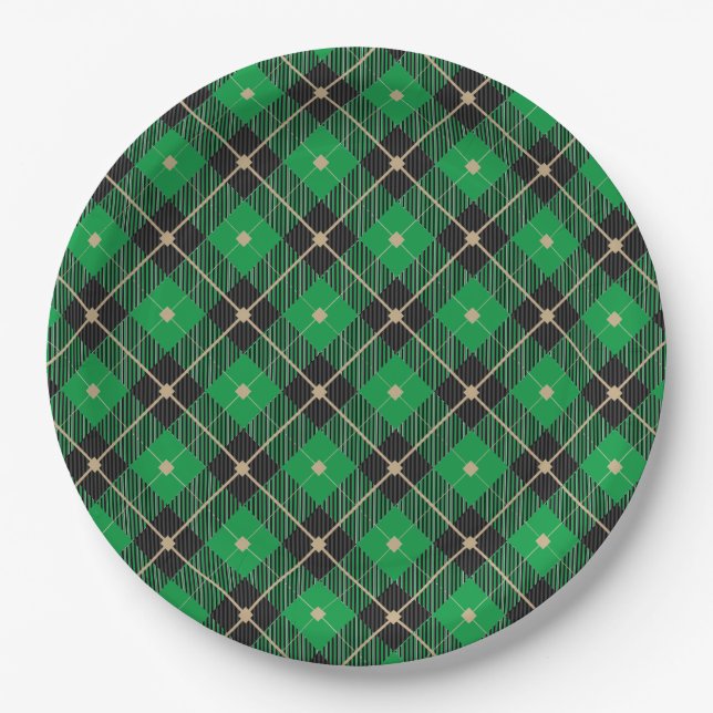 Trendy Black Green Plaid Pattern Paper Plates (Front)