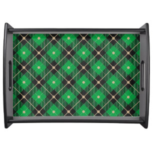 Trendy Black Green Plaid Pattern Serving Tray