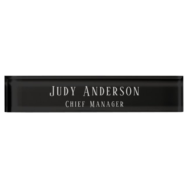 Trendy Black Grey Professional Plain Serif Font Desk Name Plate (Front)