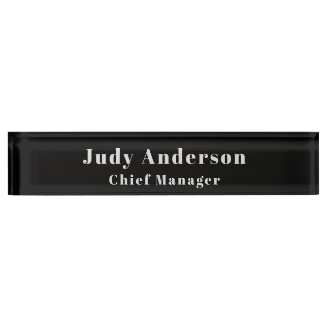 Trendy Black Grey Professional Plain Serif Font Desk Name Plate (Front)