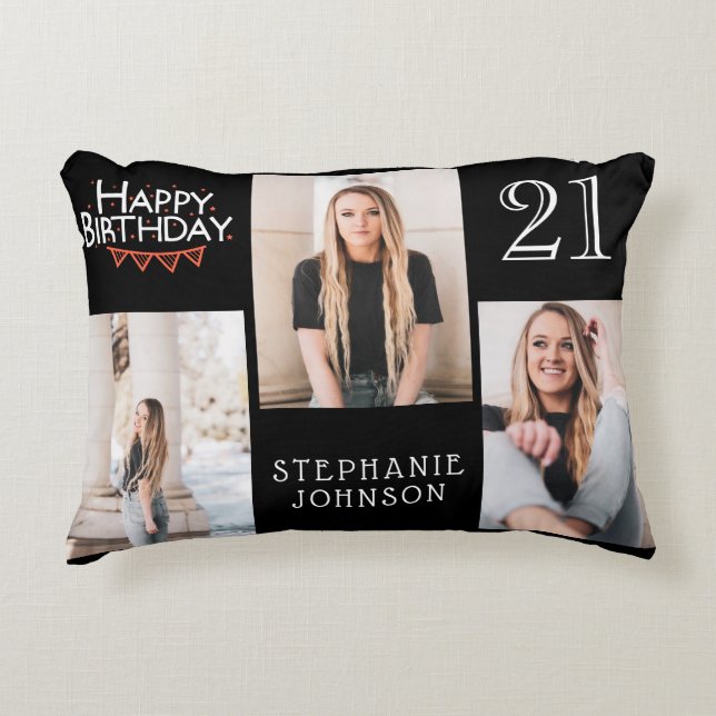 Trendy Black Happy 21st Birthday Photo Collage Accent Pillow (Front)