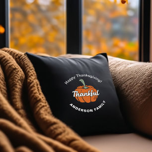 Trendy Black Happy Thanksgiving Pumpkin Throw Pillow