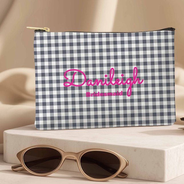 Trendy Black + Hot Pink Checkered Bridesmaid Accessory Pouch (Black Checkered Large Pouch)