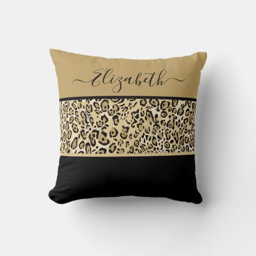 Trendy Black Leopard Print Stripes With Name  Top Throw Pillow